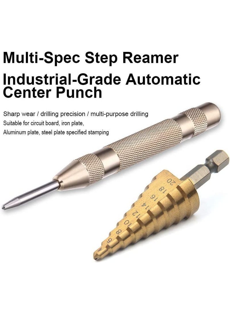3Pcs High-Speed Steel Step Drill Bit Set with Automatic Spring Loaded Center Punch, 4-12mm/4-20mm/4-32mm Drill Bits Set for Sheet Metal Hole Drilling - Image 4